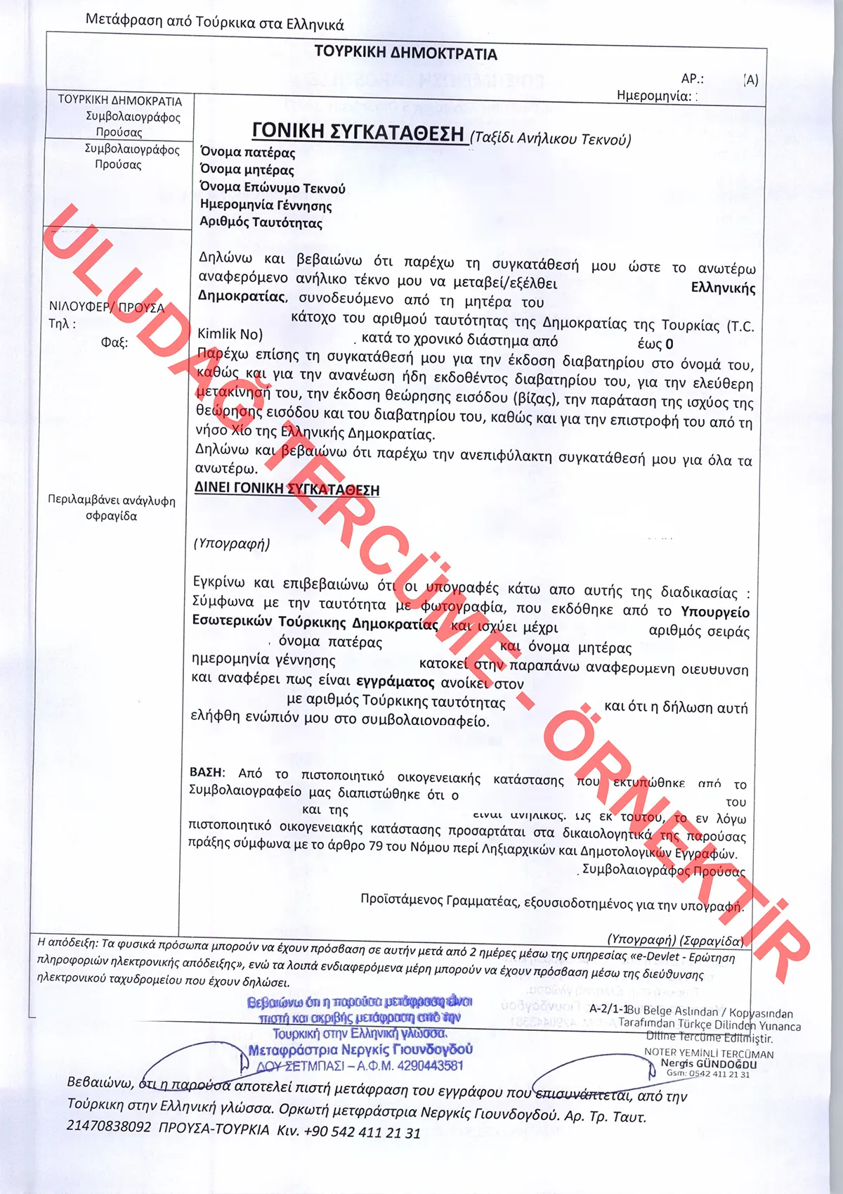 Yunanca muvafakatname tercümesi örneği